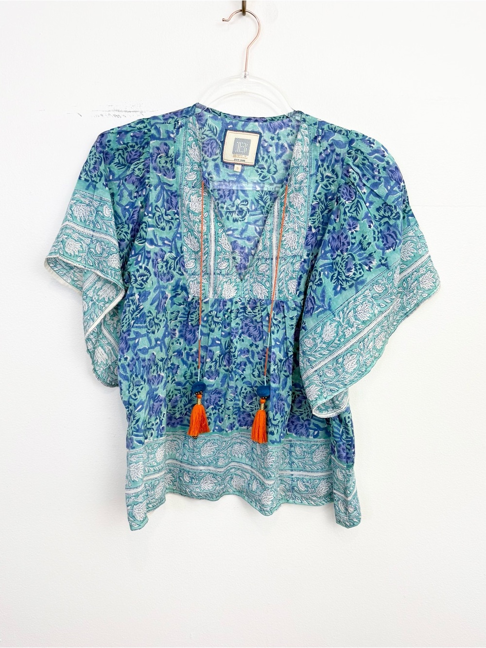 Bell by Alicia Bell Angel Top Blue Floral Tassel Boho Blouse Size Small